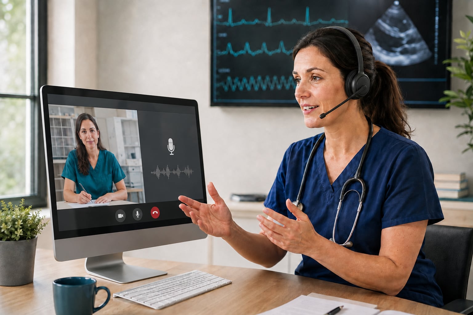 Veterinarian in a live cardiology consultation by video call