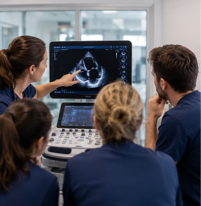 Cardiologist demonstrating echocardiography to a group of vets